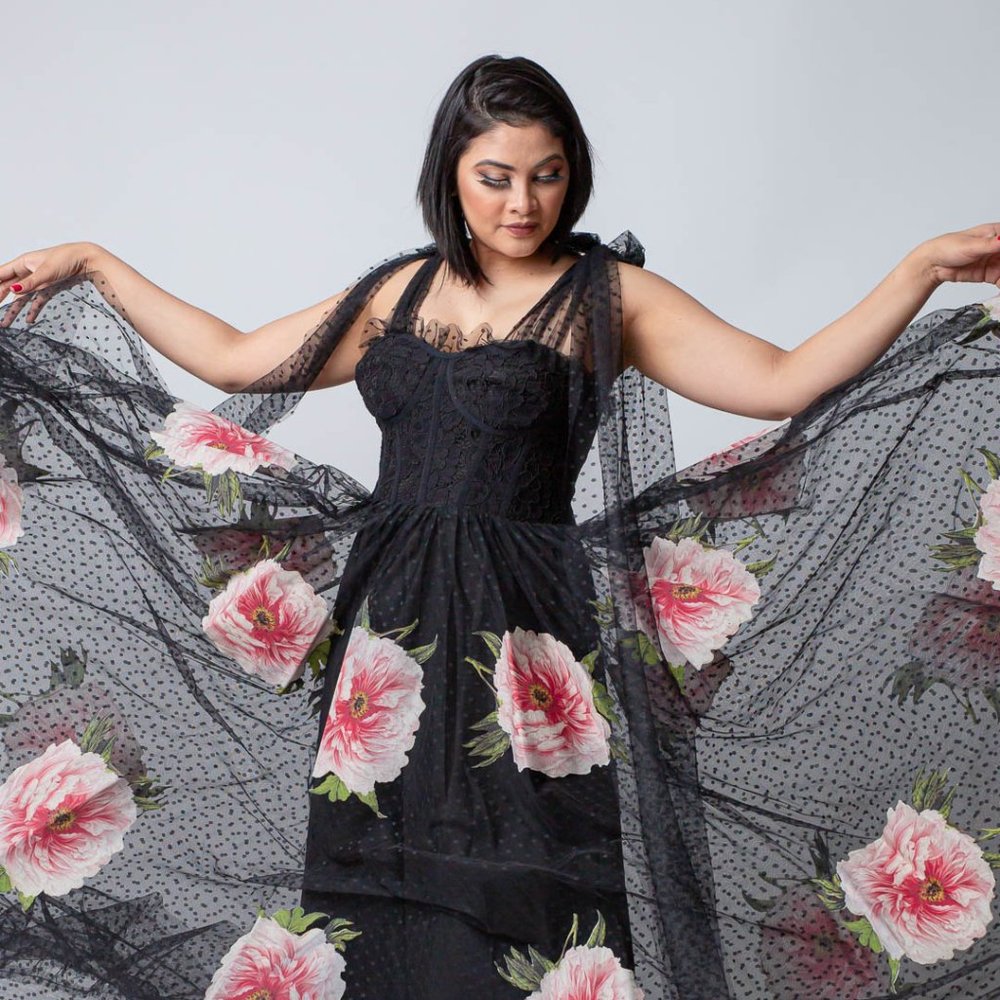 Black Tulle Long Dress with printed flowers.